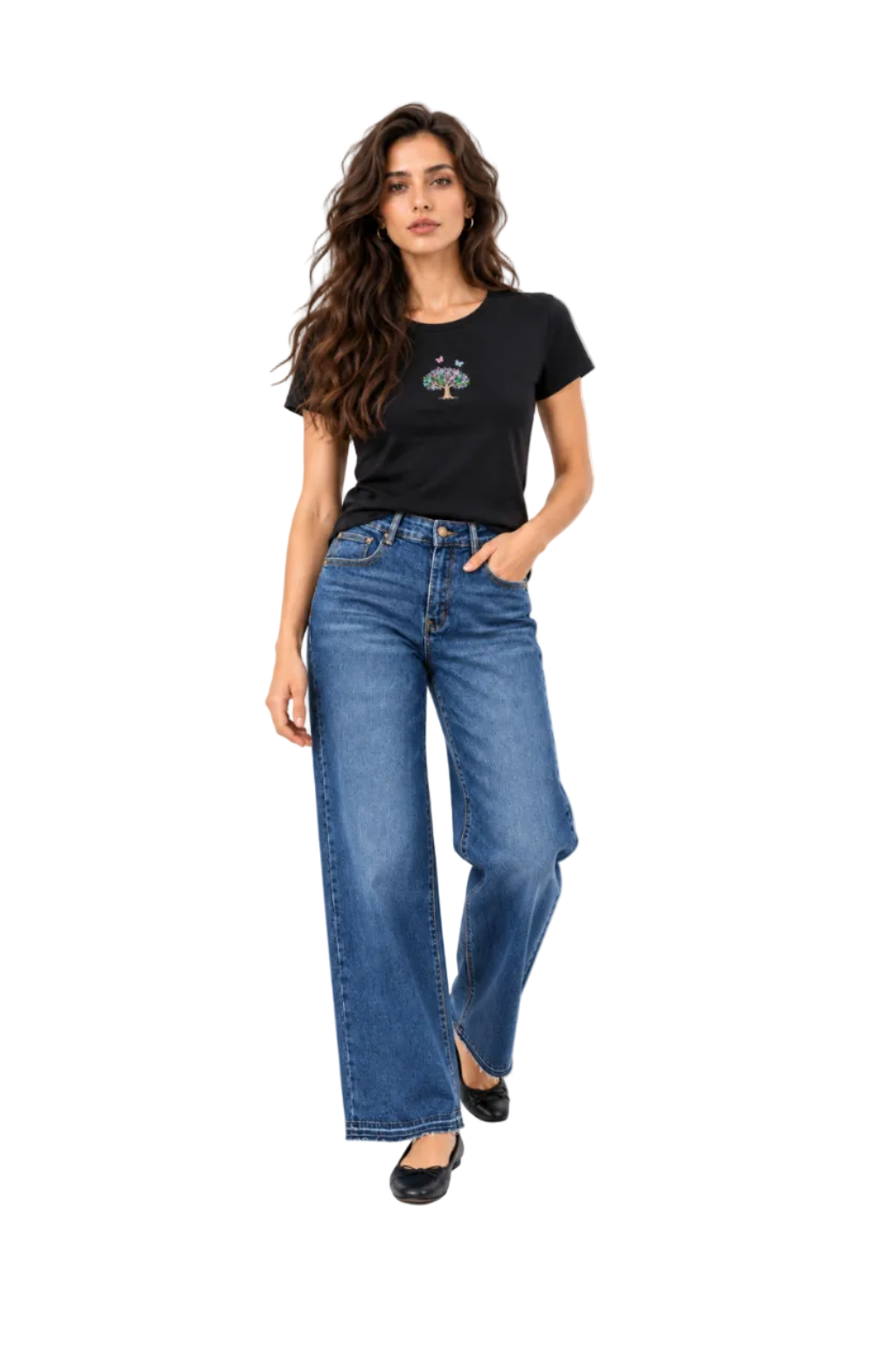 Jeans Wide Leg Blu Medio a Vita Alta con Orlo Sfilacciato