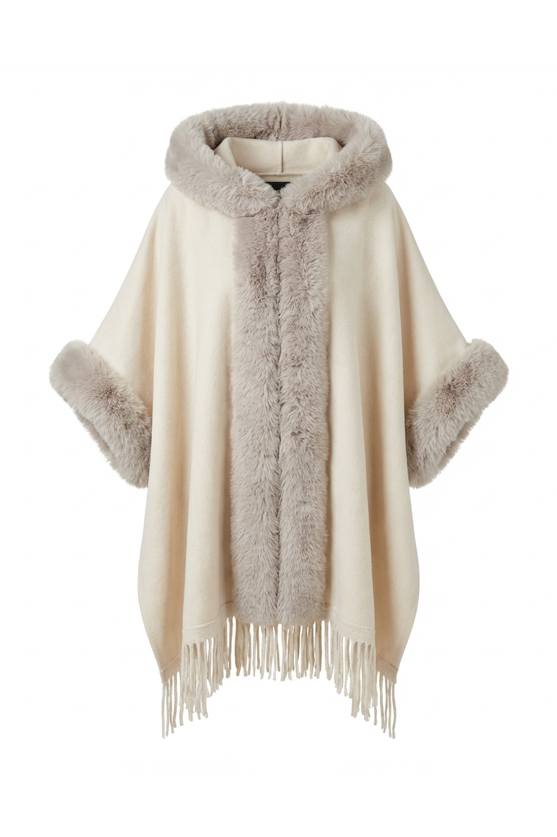 PONCHO CON CAPPUCCIO E BORDI IN ECO FUR
