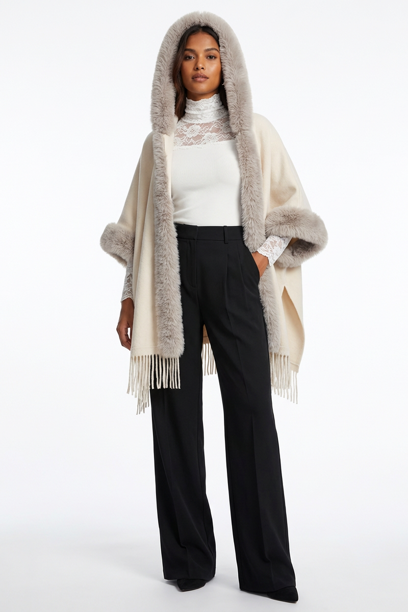 PONCHO CON CAPPUCCIO E BORDI IN ECO FUR