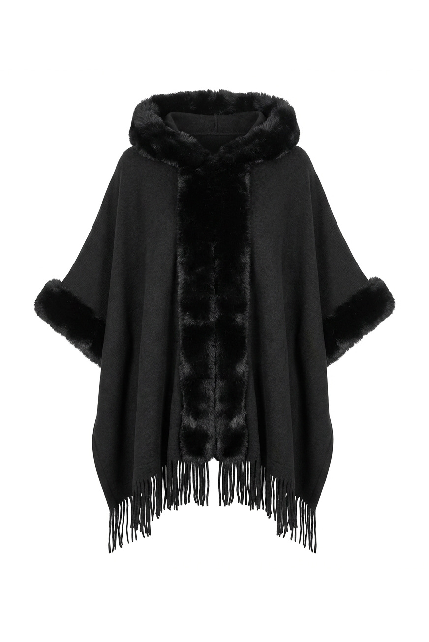 PONCHO CON CAPPUCCIO E BORDI IN ECO FUR