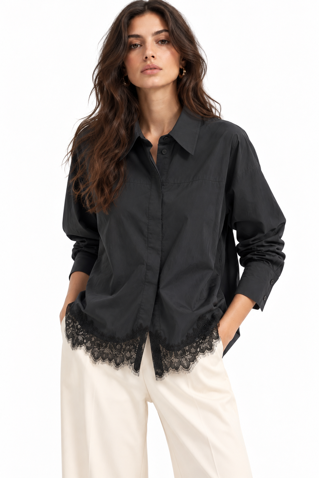 Camicia in Cotone con Bordo in Pizzo Pizzo