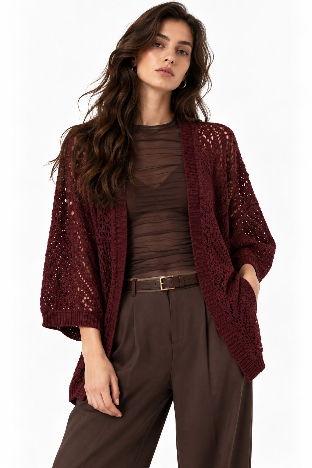Cardigan Stile Kimono in Maglia Traforata Bordeaux
