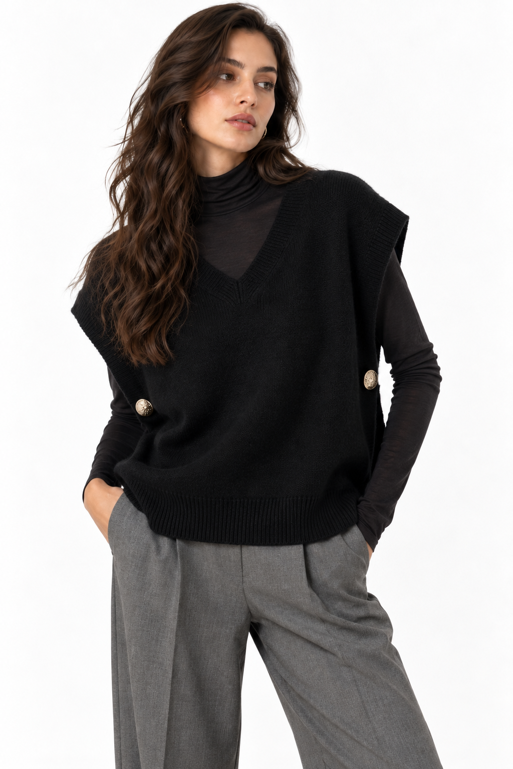 Gilet in Maglia Scollo a V con Bottoni Laterali