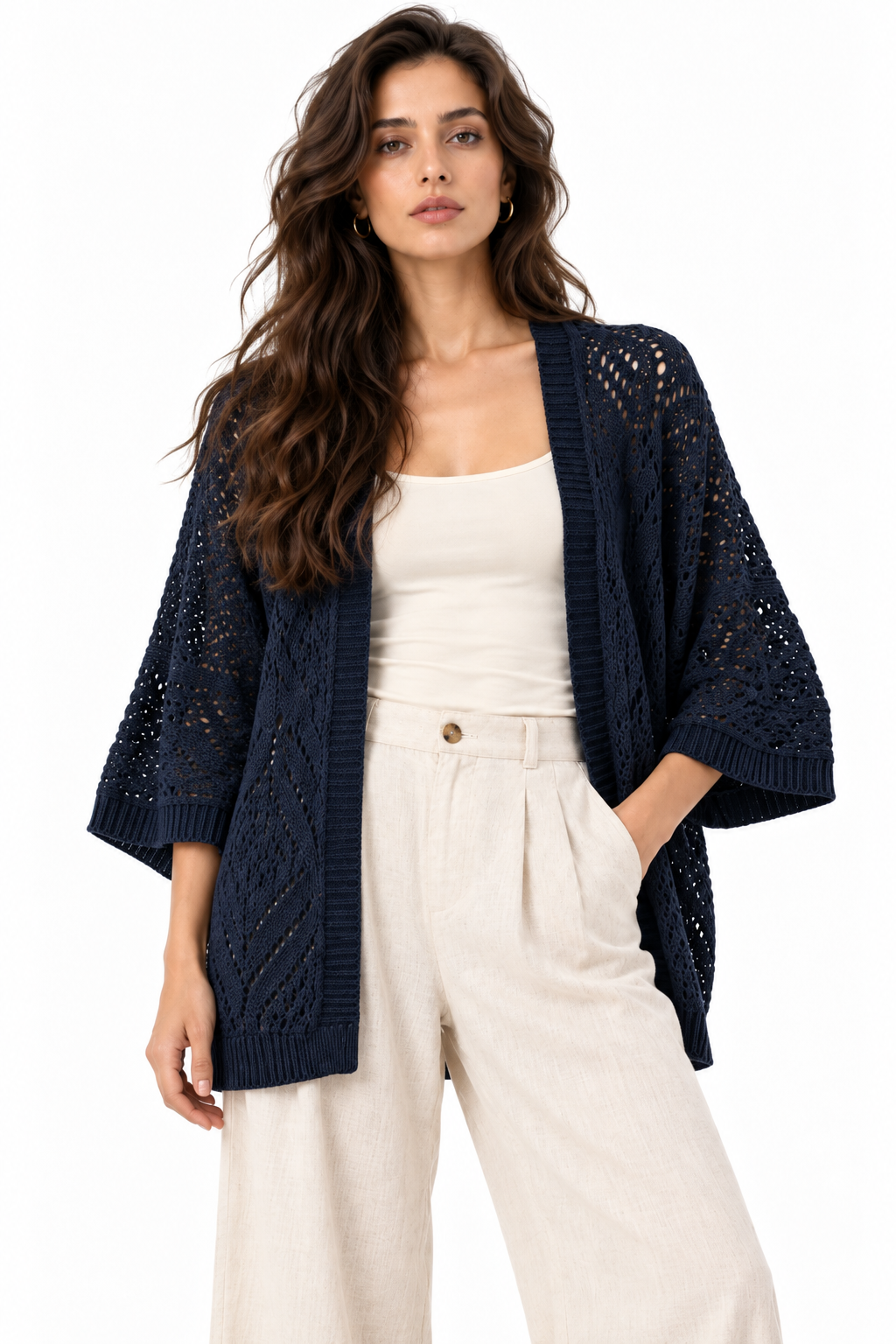 Cardigan Stile Kimono in Maglia Traforata Blu navy