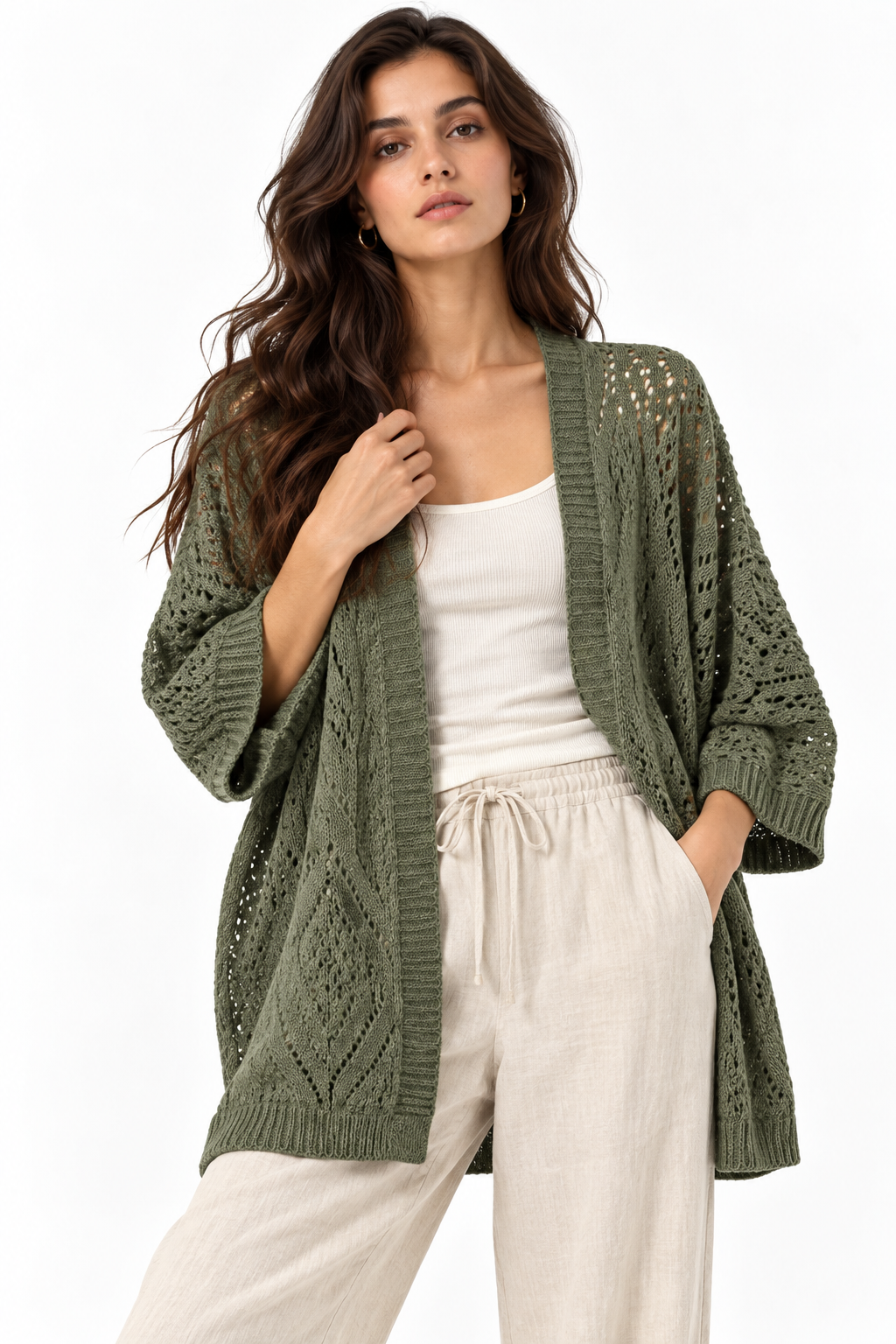 Cardigan Stile Kimono in Maglia Traforata Verde