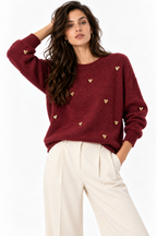 Maglione Girocollo con Cuori Dorati Applicati Bordeaux