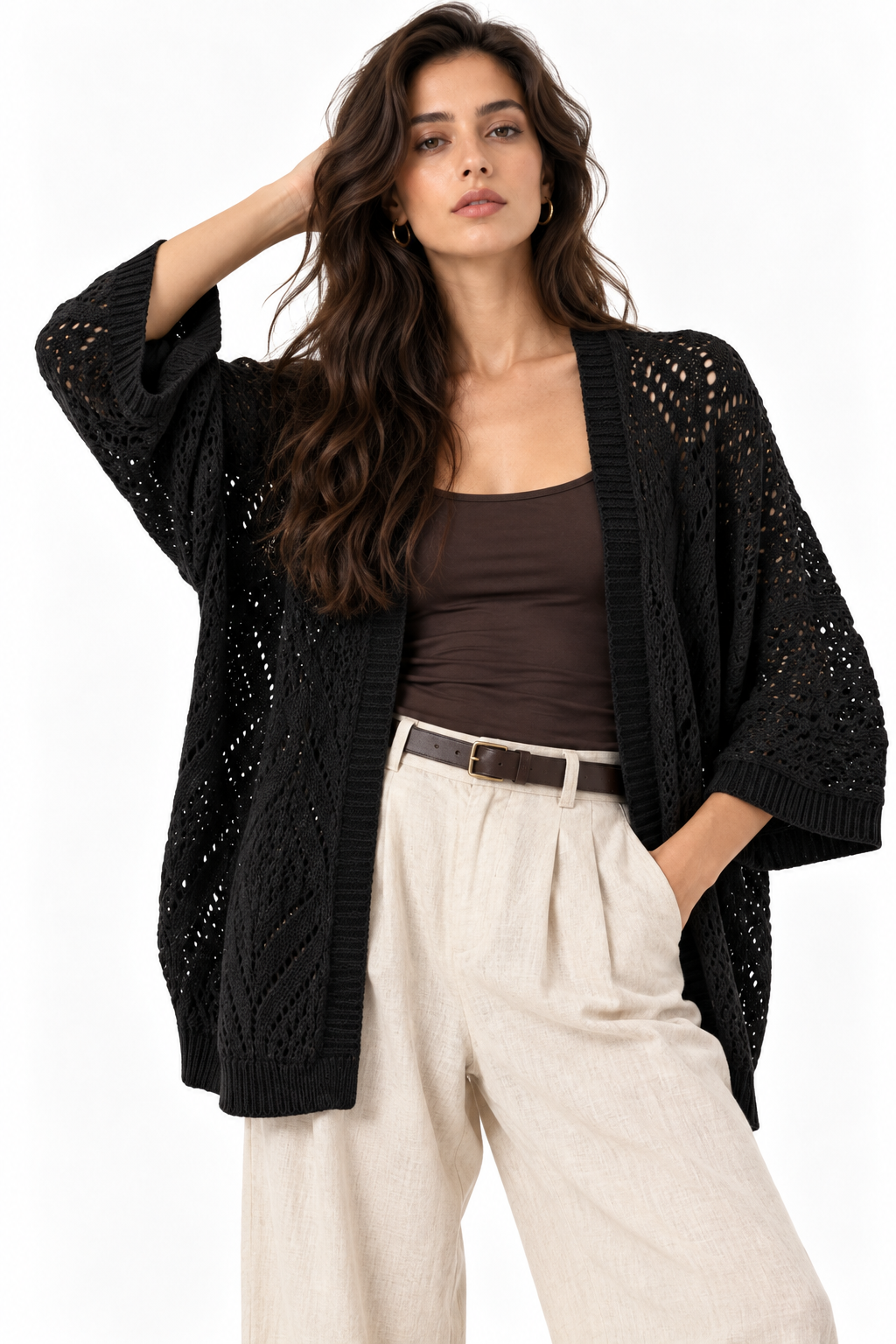 Cardigan Stile Kimono in Maglia Traforata Nero