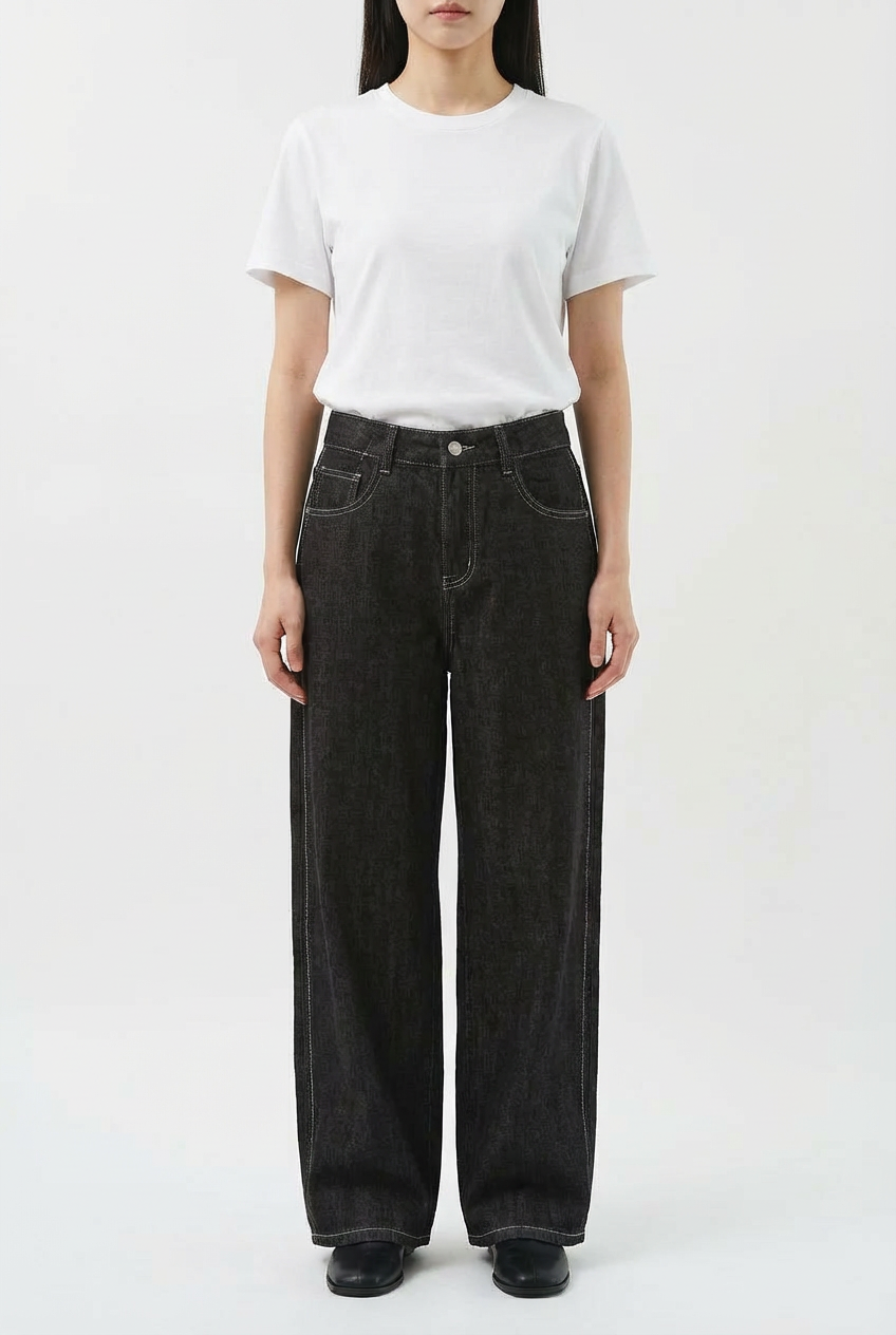 Jeans Wide-Leg Marroni con Cuciture a Contrasto