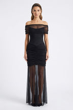 Abito in Tulle Drappeggiato con Spalle Velate