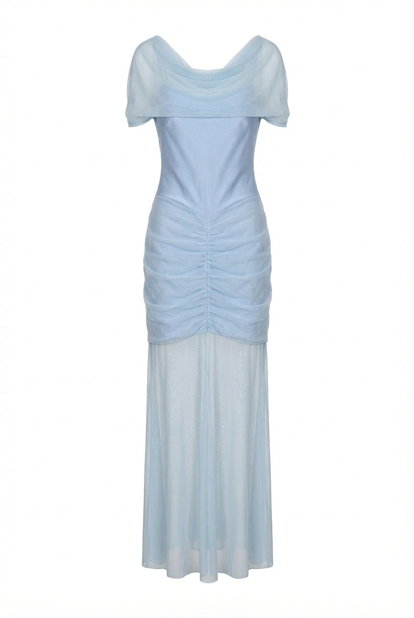 Abito in Tulle Drappeggiato con Spalle Velate