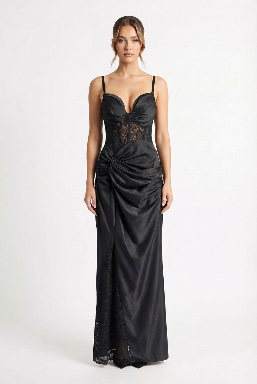 Abito in Raso con Corsetto in Pizzo