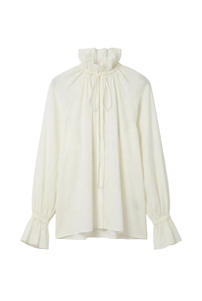 Blusa Fluida Bianca con Dettagli Arricciati e Lacci