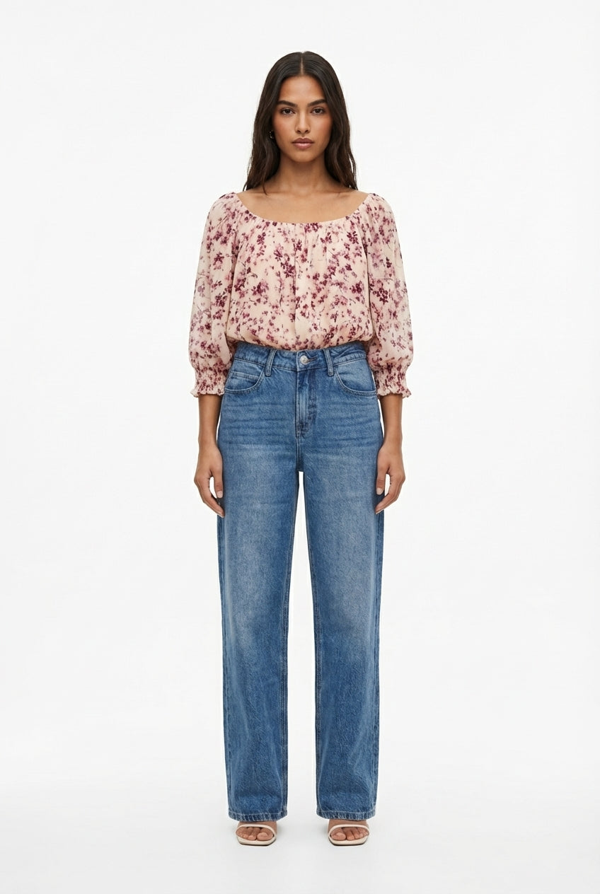 Blusa Arricciata a Fiori con Scollo a Barca