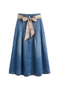 Gonna Midi in Denim a Ruota con Cintura Foulard Paisley