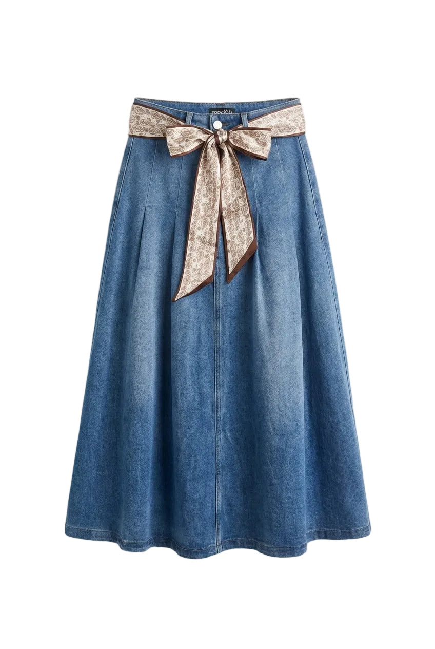Gonna Midi in Denim a Ruota con Cintura Foulard Paisley