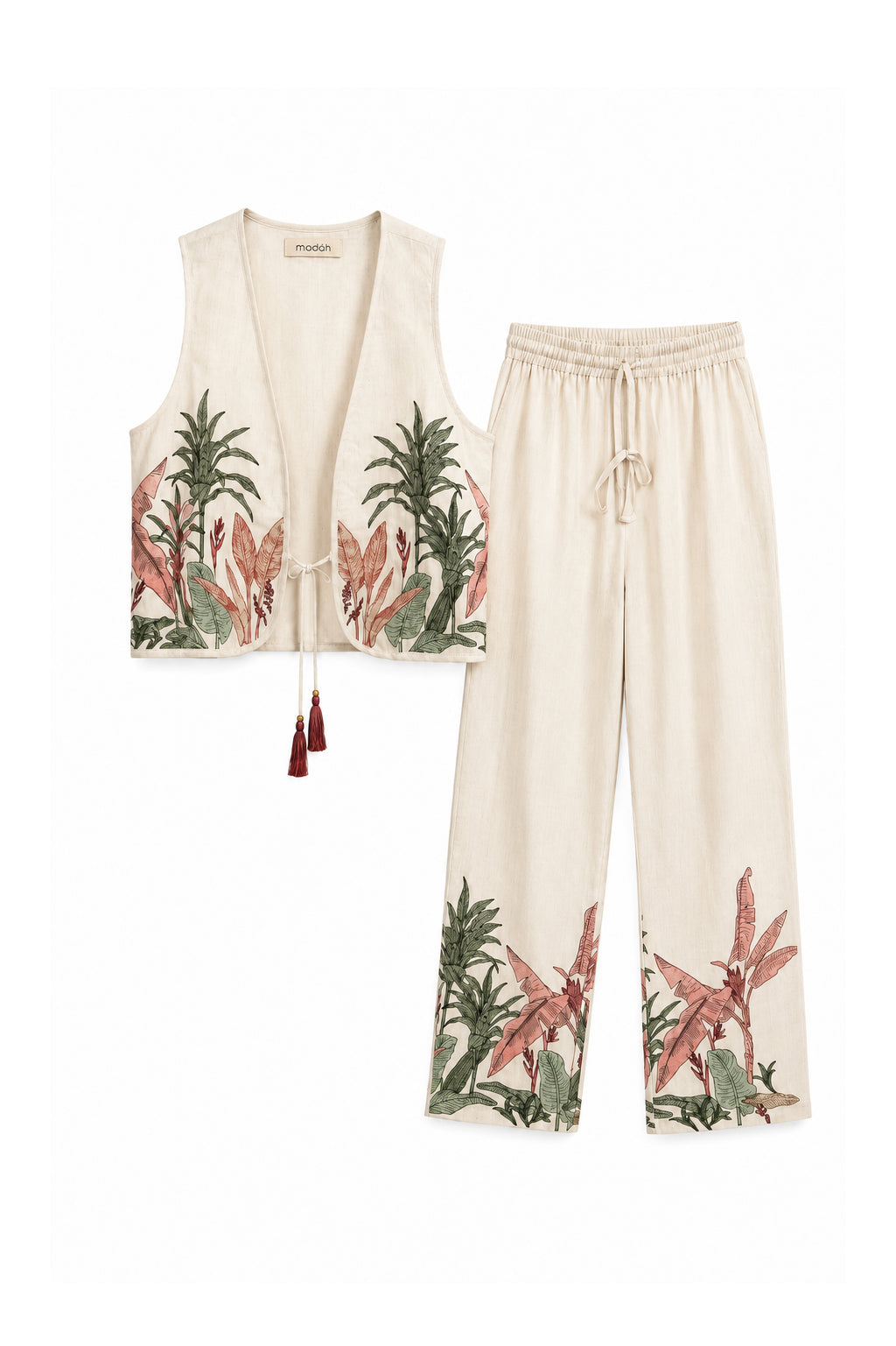 Coordinato Pantalone in Cotone con Ricami Tropicali