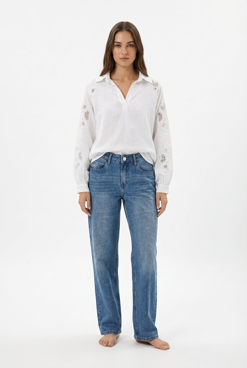 Blusa in Cotone con Inserto in Pizzo Sangallo