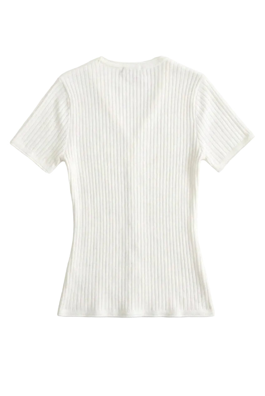 Cardigan a Costine con Scollo a V e Bottoni Perla