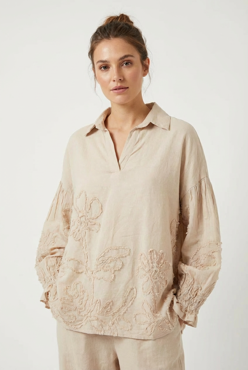 Blusa Relaxed Fit con Ricami Floreali in Rilievo