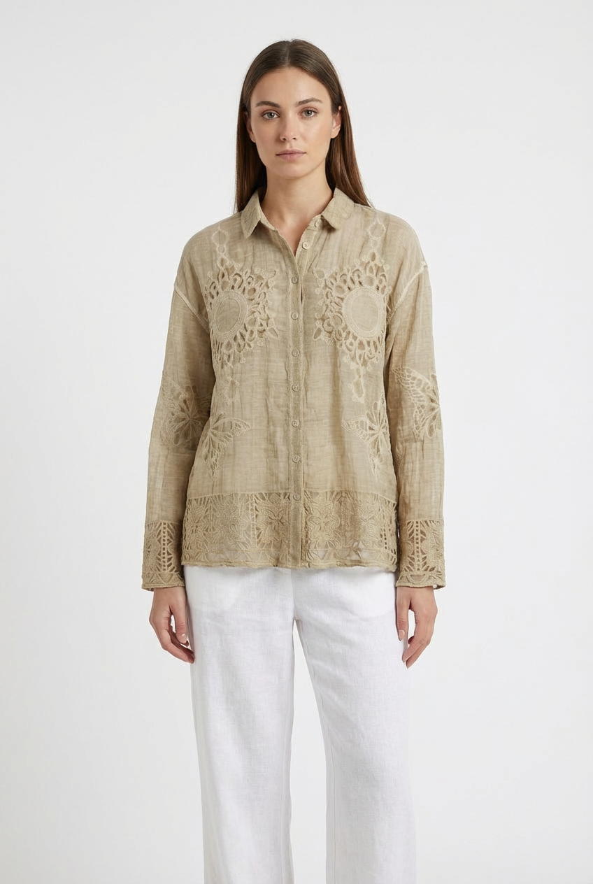Camicia in Cotone con Ricami Intagliati e Dettagli Crochet