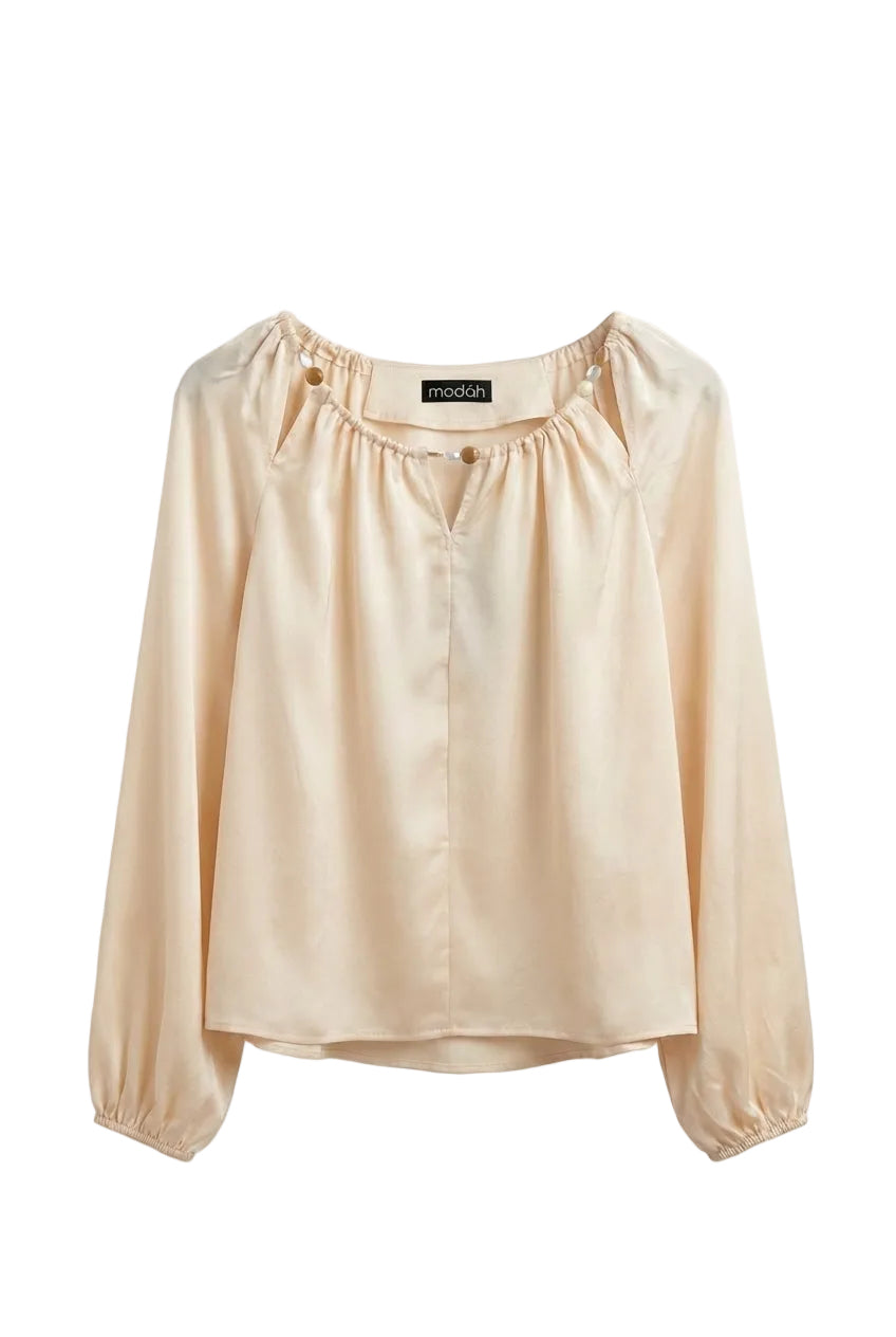 Blusa in Satin con Scollo Arricciato e Dettagli Bijoux