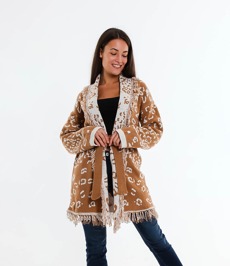 CARDIGAN ANIMALIER LXL CAMEL/PANNA